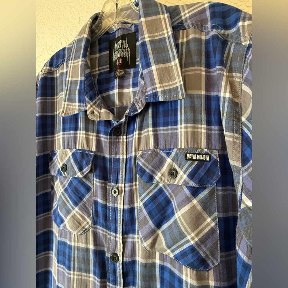 Vintage Metal Mulisha Shirt Mens XL Blue Plaid Short Sleeve‎ Button Up Motocross